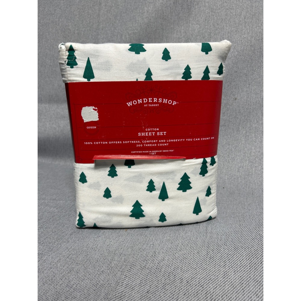 Wondershop Queen Cotton Sheet Set White Green Christmas Evergreen Trees‎ 200TC